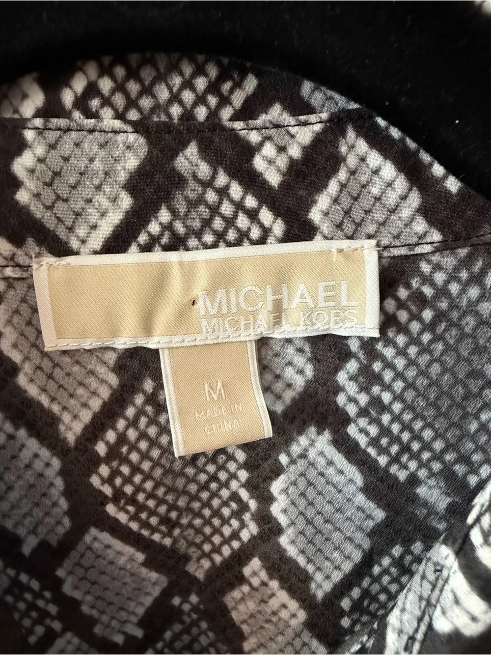 Michael Kors Black & White Snake-Print Zip Front Shirt. Medium